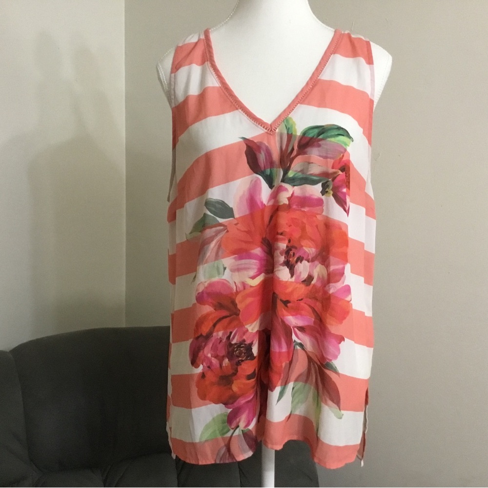 ELLE V-Neck Lightweight Stripe Floral Tank Top